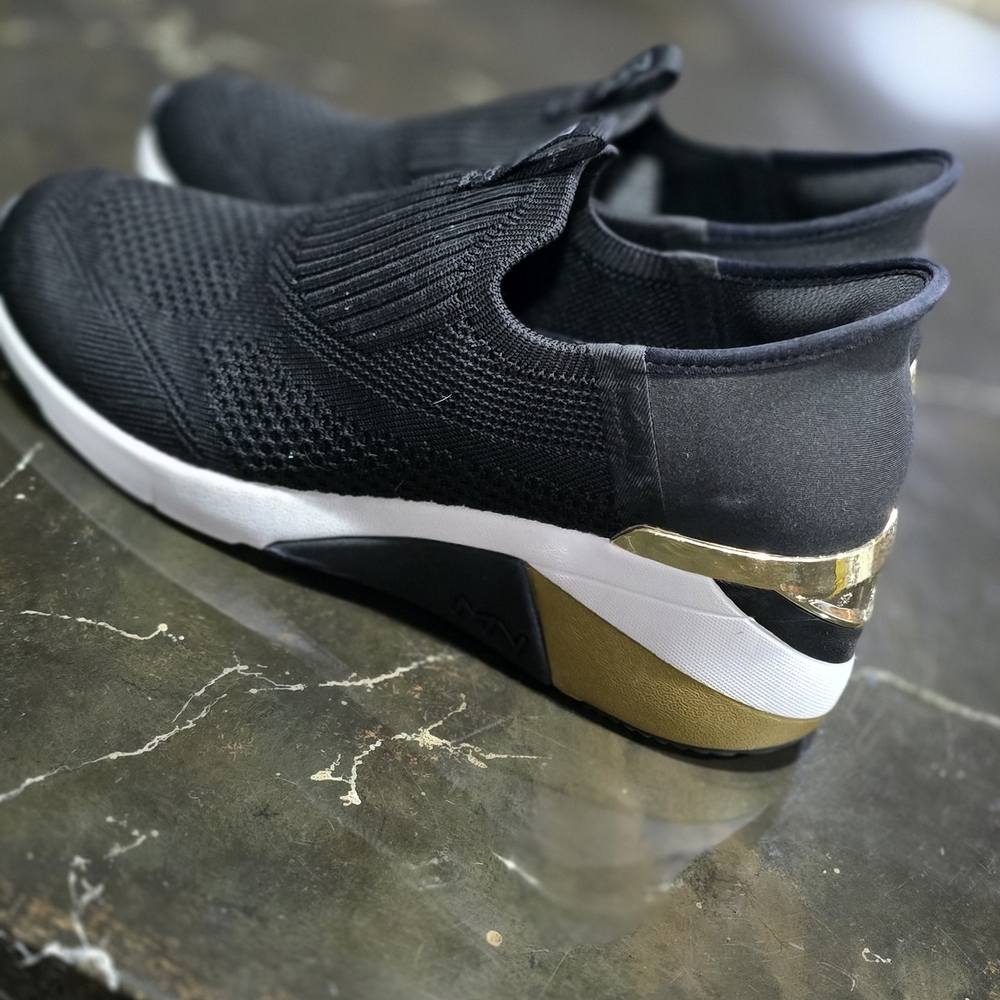 Skechers Black Slip-On Knit Athletic Sneakers with Gold Trim